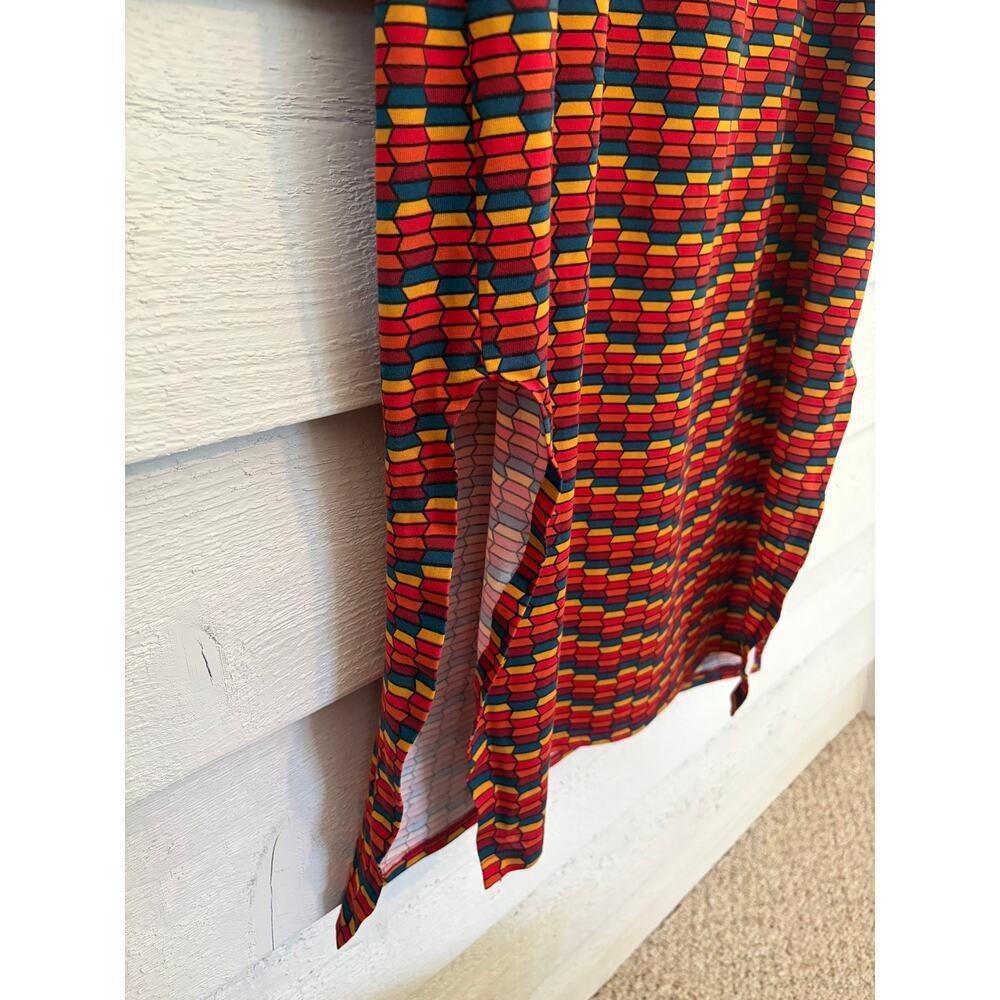 LuLaRoe Julia Dress Size Large Geometric Print Red Blue Mustard High Side Slits - Picture 5 of 7